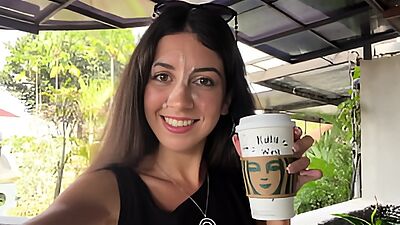 Blowjob in a Public Toilet Starbucks and Cumwalk - She drinks coffee with cum on face among people