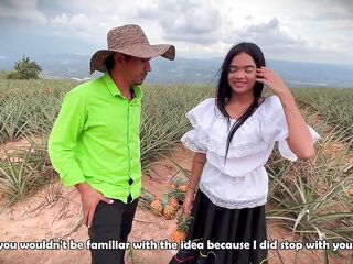 A Colombian peasant is picked up by a stud who disrobes her undressed in a pineapple plantation to fuck her