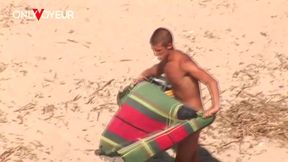 voyeur filmed beach girl stroking boyfriend’s dick and taking cum on small tits