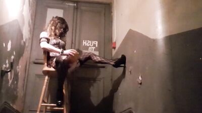 Naughty crossdresser in fishnet outfit fucks a pumpkin and jerks off