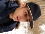 Cumming while walking in the frozen land