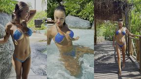 monika fox in blue bikini swims in pool in paradise place