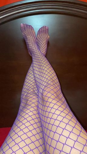 Really Sexy Legs with Tiny Feet with Long Toes in Purple Fishnet Stocking