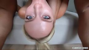 Petite blonde woman swallows a bwc