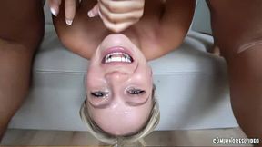 Petite blonde woman swallows a bwc