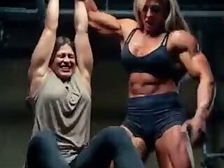 Dungeon tickling muscular body builder women overpowering smaller weak women