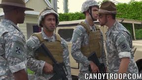 Army studs swap blowjobs before outdoor interracial foursome