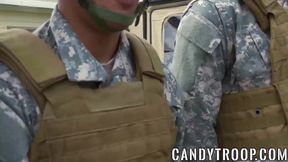 Army studs swap blowjobs before outdoor interracial foursome