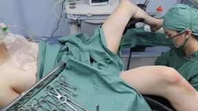 Examination and hand job for Asian in surgical gown