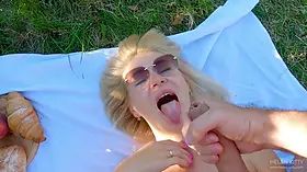 A stranger came when i was frolicking alone on picnic. he screwed my mouth & jizz all over my face.