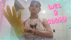 Washing Dishes with Rubber Gloves - Wet and Soapy