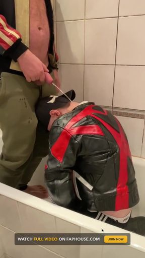 Big Man in Leather Jacket Pissing on Leather Moto Biker
