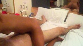 skinny brunette riding skewered on big cock.