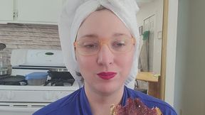 Eating Crunchy Toast with Jam in Blue Bathrobe and White Hair Towel and Red Lipstick