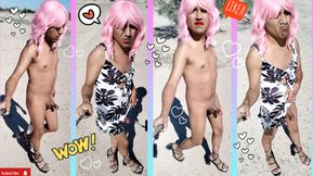 Cute femboy in minidress and heels strips naked in public very delicious