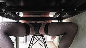 BLACK STOCKINGS AND PANTIES UNDER THE TABLE!AVI