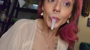 Purple hair does a blowjob with gagging and swallowing