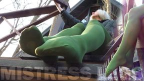 Goddess in green pantyhose teases with her feet on the porch (MP4 HD)