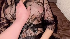 Step sister in sexy underwear lets you fondle her chest; gets some sperm on her bare buttocks!