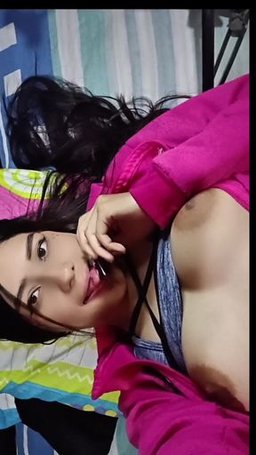 Hot girl touches her big tits