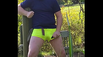 dripping cumshot through shorts walking in the public park