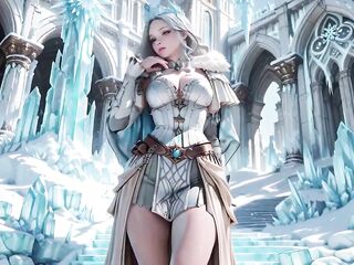 Silver-Haired Ice Queen! Kneeling in the Frozen Castle, her cold armor hides so many secrets. Hand on chest, biting lips...