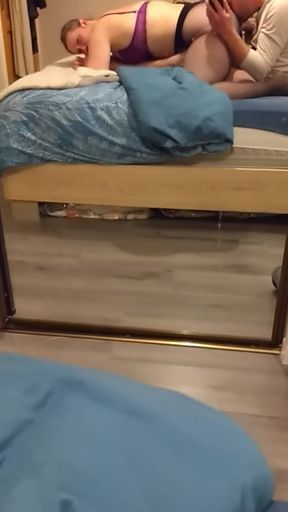 A Voyeuristic Stepmother in Tights Jerks off a Young Man and Receives His Sperm in Her Mouth.