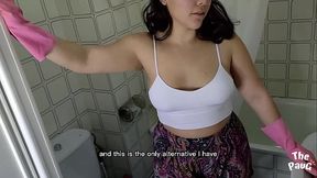 Latina maid Thepaug cleans the bathroom and her boss'_s big cock