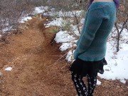 Transgirl pissing in public on a snowy trail