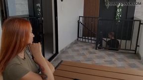 Redhead with pierced breasts gives me coffee, big ass, pink pussy and blowjob