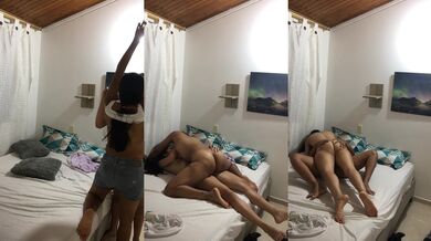 Teens scissoring stepdaughter at dad's house dripping wet
