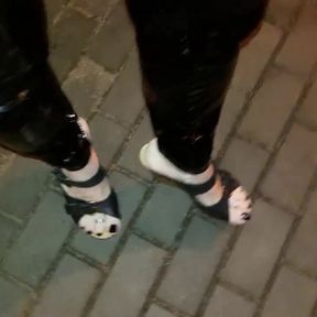 sexy feet, platform wedges and latex leggings