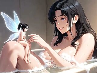 Huge Raven-haired Hotty Plays with a Petite Fairy in Her Bubble Bathroom