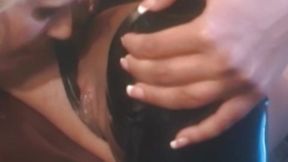 Latex suit babe gives big tit blowjob and rims pussy