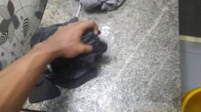 Man Masterbating in the Bathroom During Washing Clothes