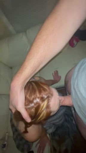Slutty redhead stepsister gives me a sloppy deepthroat blowjob until I bust in her throat