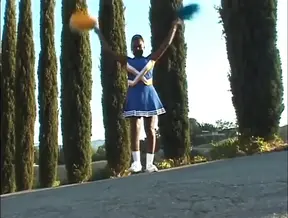 Two lucky guys nail a curvy ebony cheerleader with huge boobs