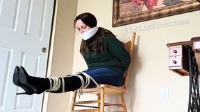 Bound to Truth: A Reporter's Story by Liz River, Brunette with Sweater, Jeans and Boots Self Ties Bondage, gets stuck