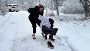 Two girl on high heels on ice, Zanotti heelless and Jeffrey Campbell Skate on ice, slippery shoes, shoes on ice, sliding girls