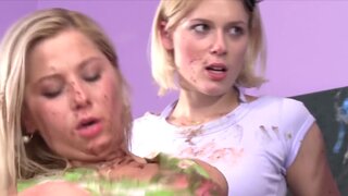 Four horny baddies have group sex with a chocolate-covered cock