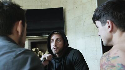 Tattooed jock dominated by two hunks and railed balls deep