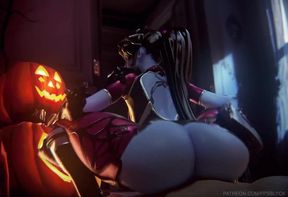Widow Moans as She Squats her Busty 3D Bubble Butt Over Big Animated Cock