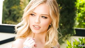 Wonderful charming blonde girl with tight tits works on her soaking slit