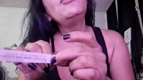 Tattooed Latina Milf Domina insults your tiny penis and big balls and punishes and pierces them over and over with a long tattoo needle Bilingual Spanish English Big Balls Humiliation Domination tomatoe ball piercing punishment