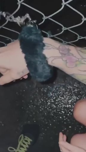 Handcuffed tattooed slut gets a public piss pee