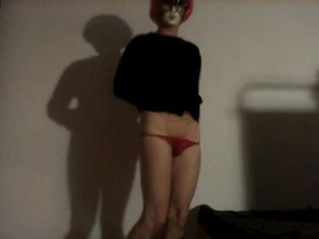 Shemale dance, red head, red panties, venice mask, horny ass