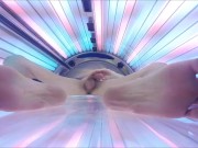 Risky public solarium use! step by step instruction; cum; soles closeup