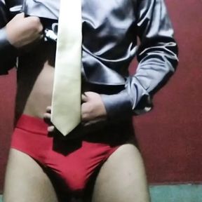 Masturbating in satin shirt and tie