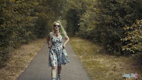 Naughty college girl walks in the notorious woods full of flashers