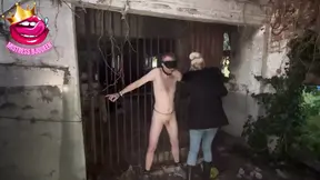 Bound slave girl locked in chastity, left alone naked in abandoned barn